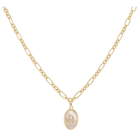 Gold Oval with White Shell Inlay and Gold "R" Initial Center Necklace, .75" Pendant