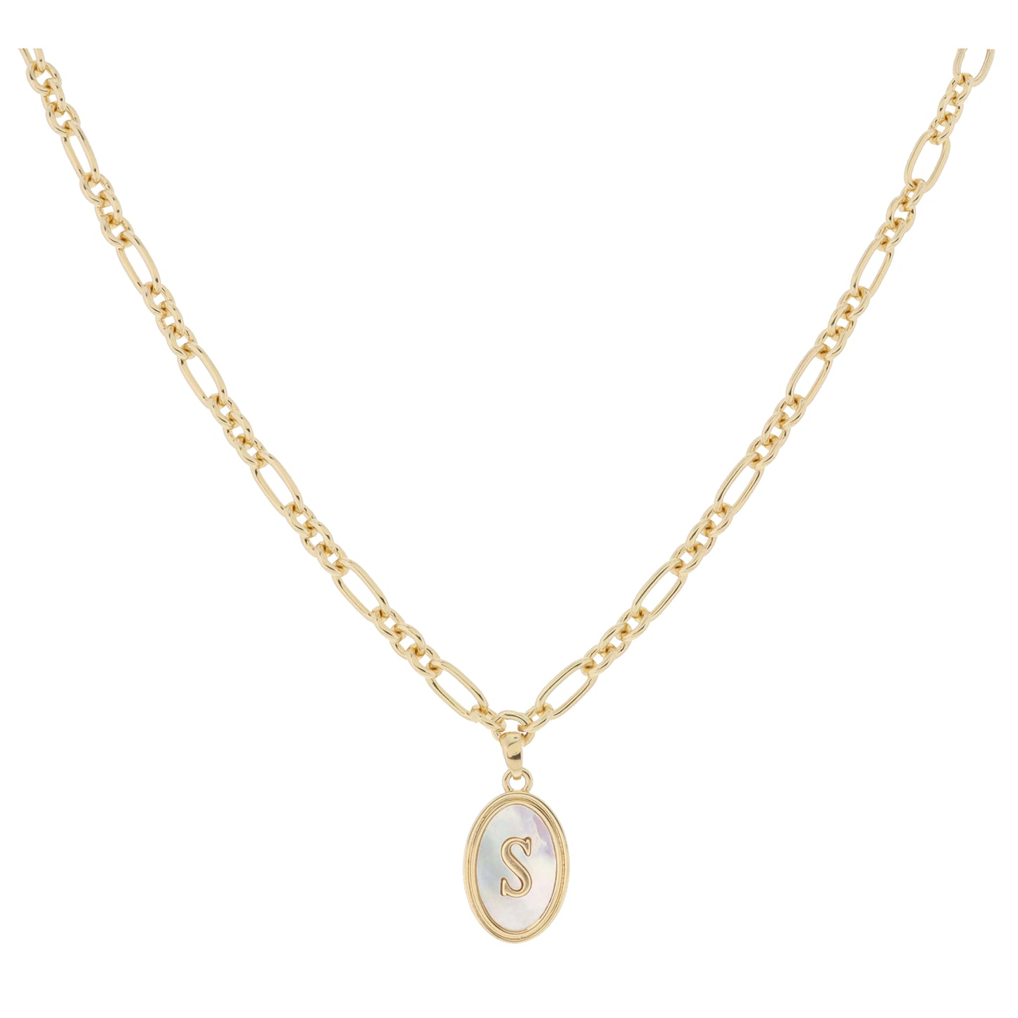 Gold Oval with White Shell Inlay and Gold "S" Initial Center Necklace, .75" Pendant