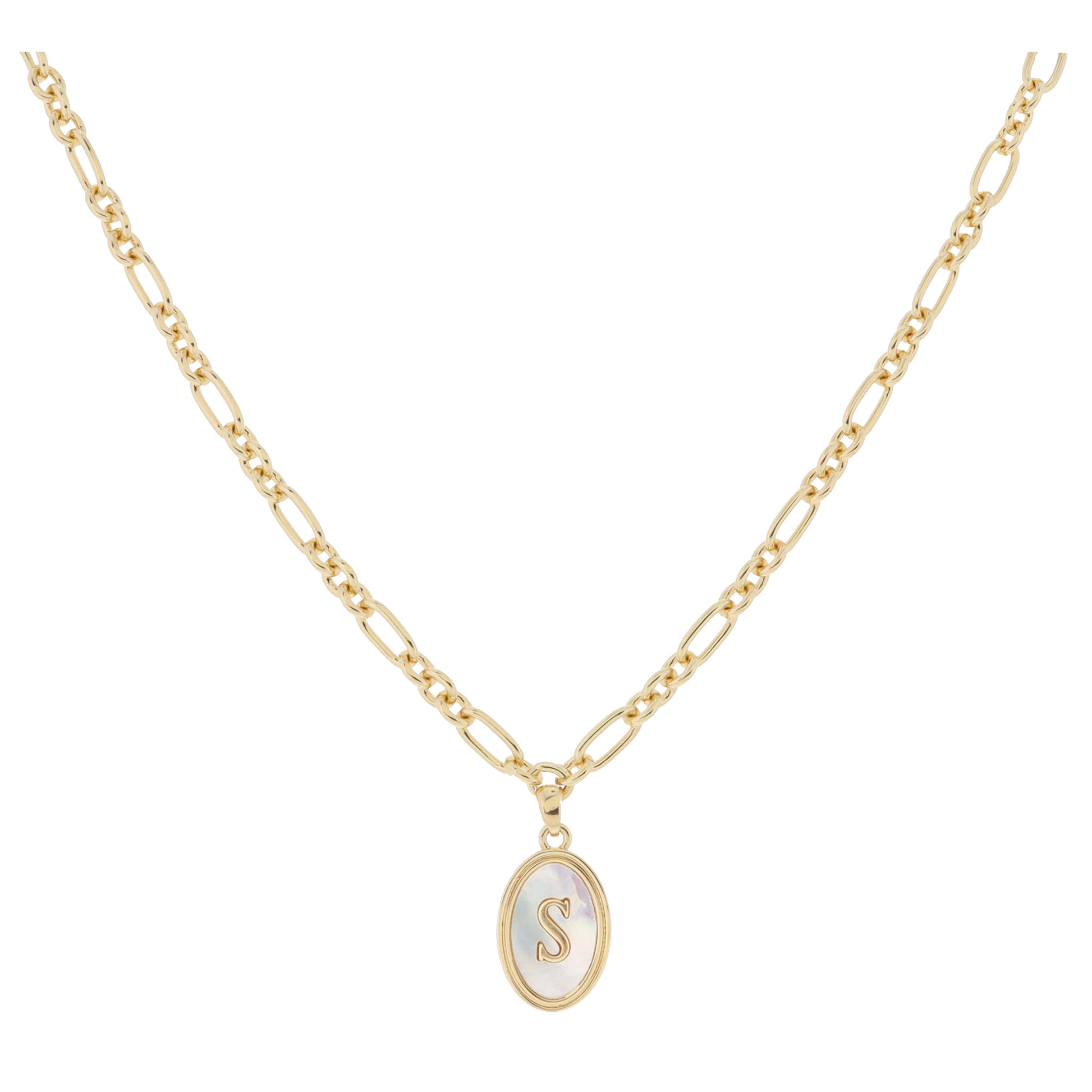 Gold Oval with White Shell Inlay and Gold "S" Initial Center Necklace, .75" Pendant
