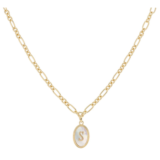 Gold Oval with White Shell Inlay and Gold "S" Initial Center Necklace, .75" Pendant