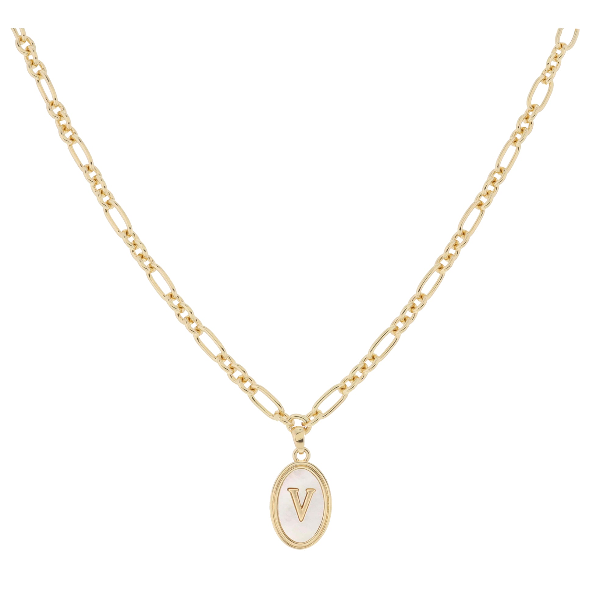 Gold Oval with White Shell Inlay and Gold "V" Initial Center Necklace, .75" Pendant