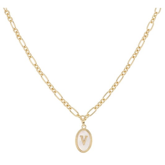 Gold Oval with White Shell Inlay and Gold "V" Initial Center Necklace, .75" Pendant