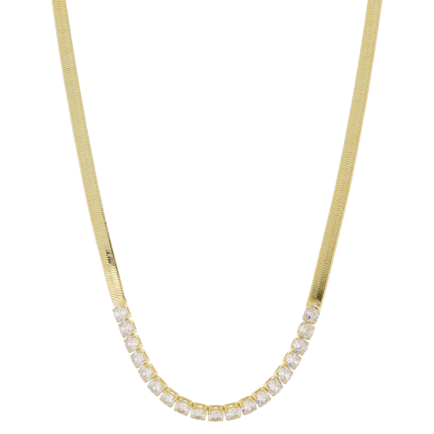 18K Gold Plated Herringbone Chain with Clear Cubic Zirconia Crystal Portion Necklace, .15" Pendant