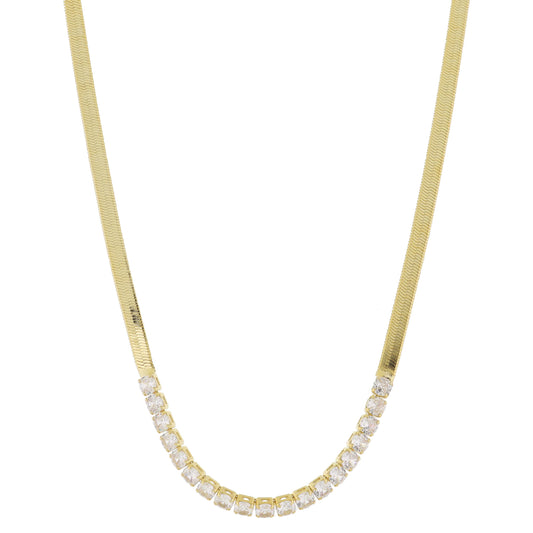 18K Gold Plated Herringbone Chain with Clear Cubic Zirconia Crystal Portion Necklace, .15" Pendant