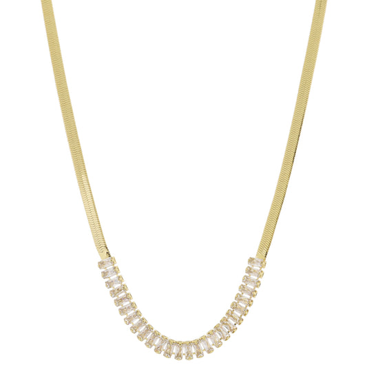 18K Gold Plated Herringbone Chain with Baguette Zirconia Crystal Portion Necklace, .25" Pendant