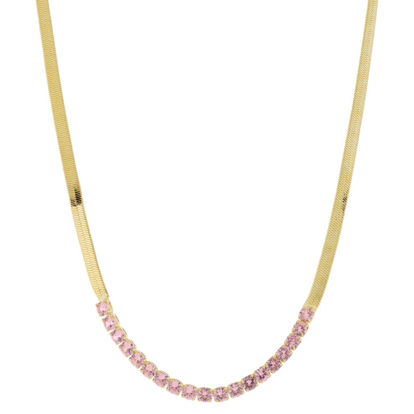 18K Gold Plated Herringbone Chain with Pink Cubic Zirconia Crystal Portion Necklace, .15" Pendant