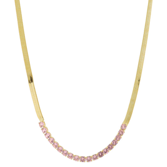 18K Gold Plated Herringbone Chain with Pink Cubic Zirconia Crystal Portion Necklace, .15" Pendant