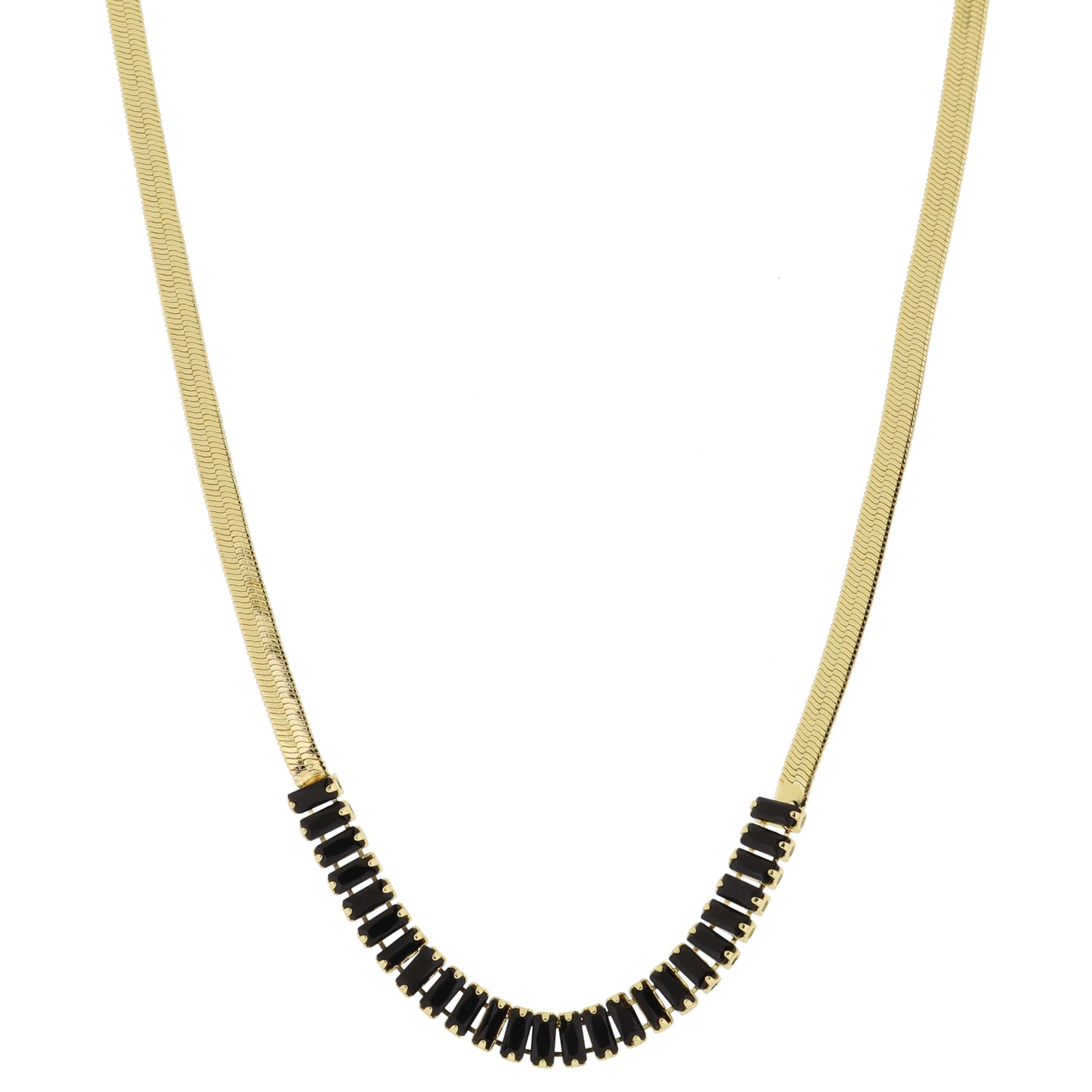 18K Gold Plated Herringbone Chain with Jet Baguette Cubic Zirconia Crystal Necklace, .25" Pendant