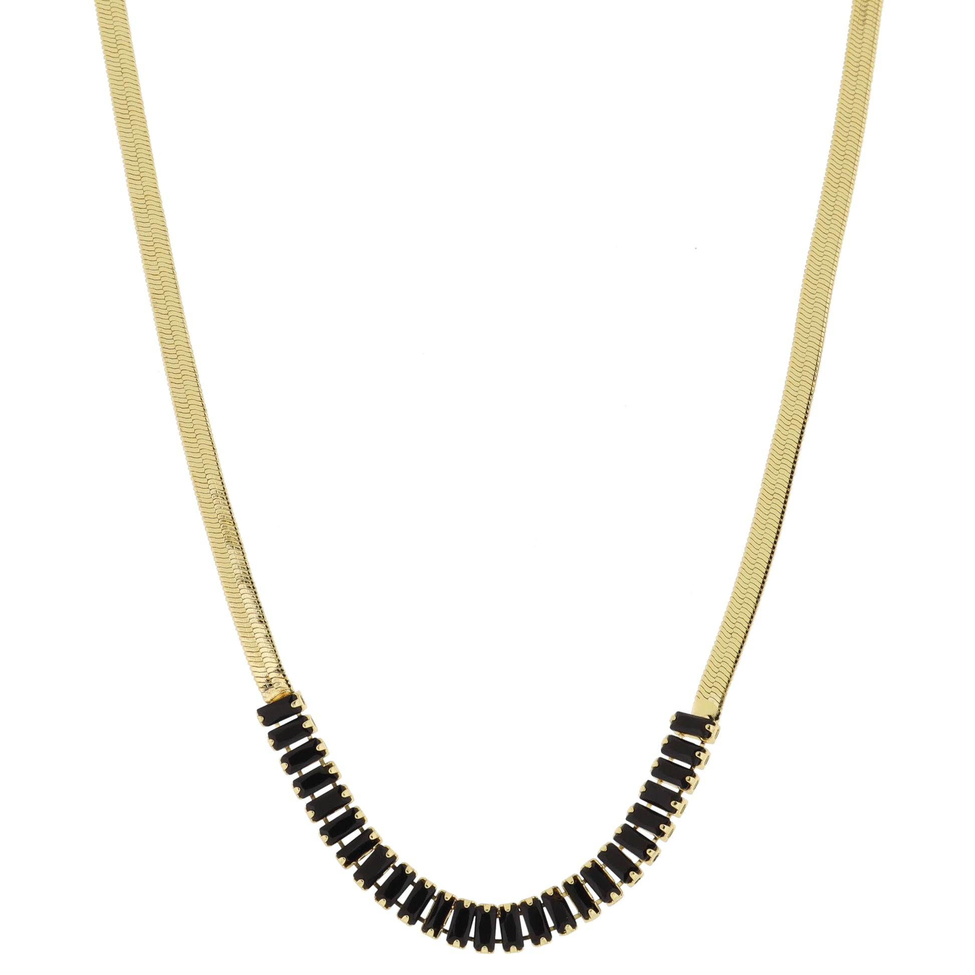 18K Gold Plated Herringbone Chain with Jet Baguette Cubic Zirconia Crystal Necklace, .25" Pendant
