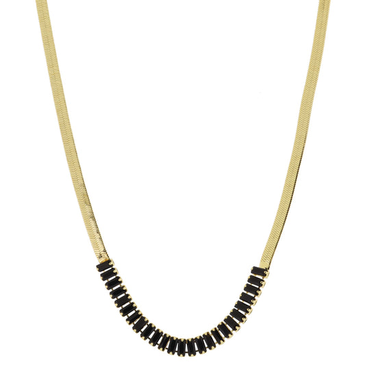 18K Gold Plated Herringbone Chain with Jet Baguette Cubic Zirconia Crystal Necklace, .25" Pendant
