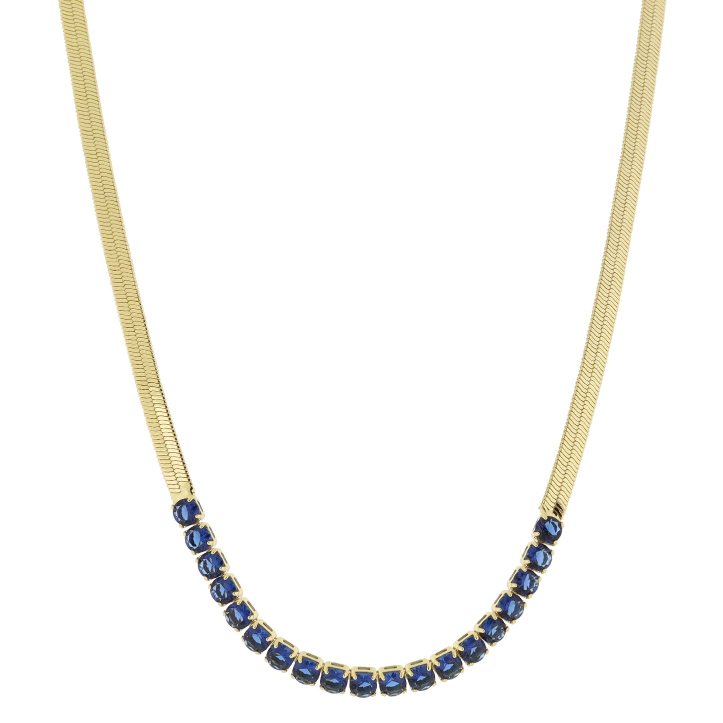 18K Gold Plated Herringbone Chain with Blue Cubic Zirconia Crystal Portion Necklace, .15" Pendant