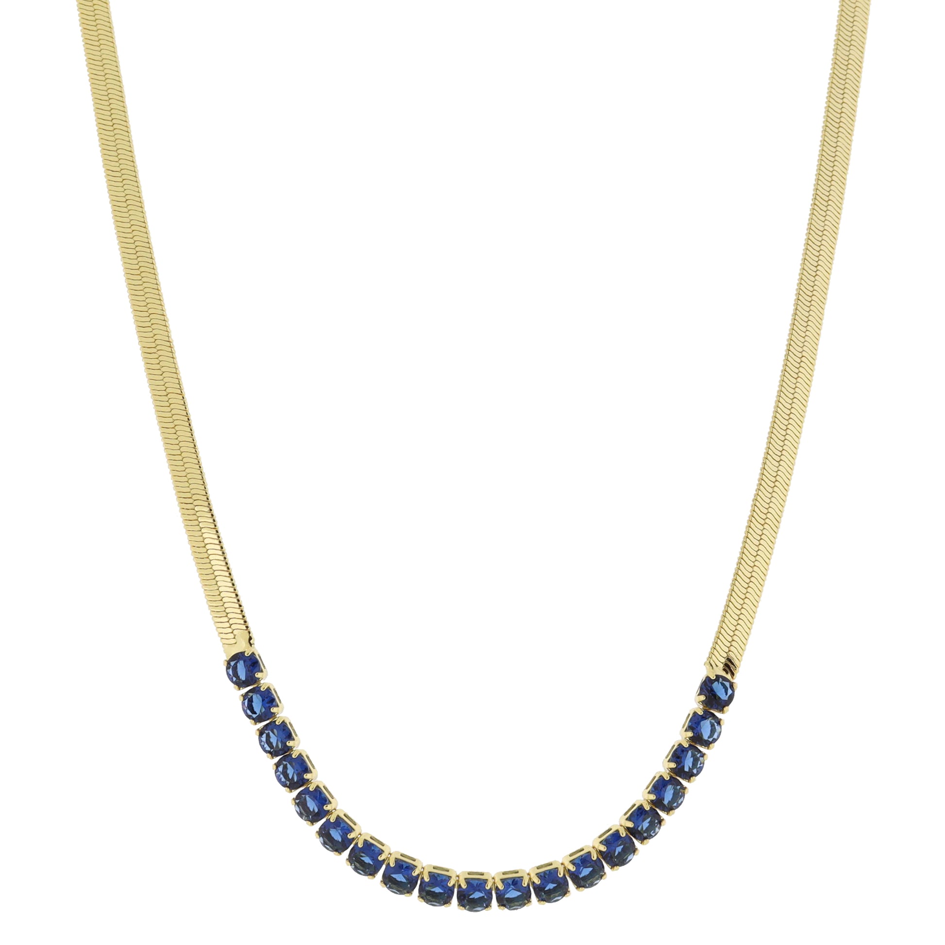 18K Gold Plated Herringbone Chain with Blue Cubic Zirconia Crystal Portion Necklace, .15" Pendant