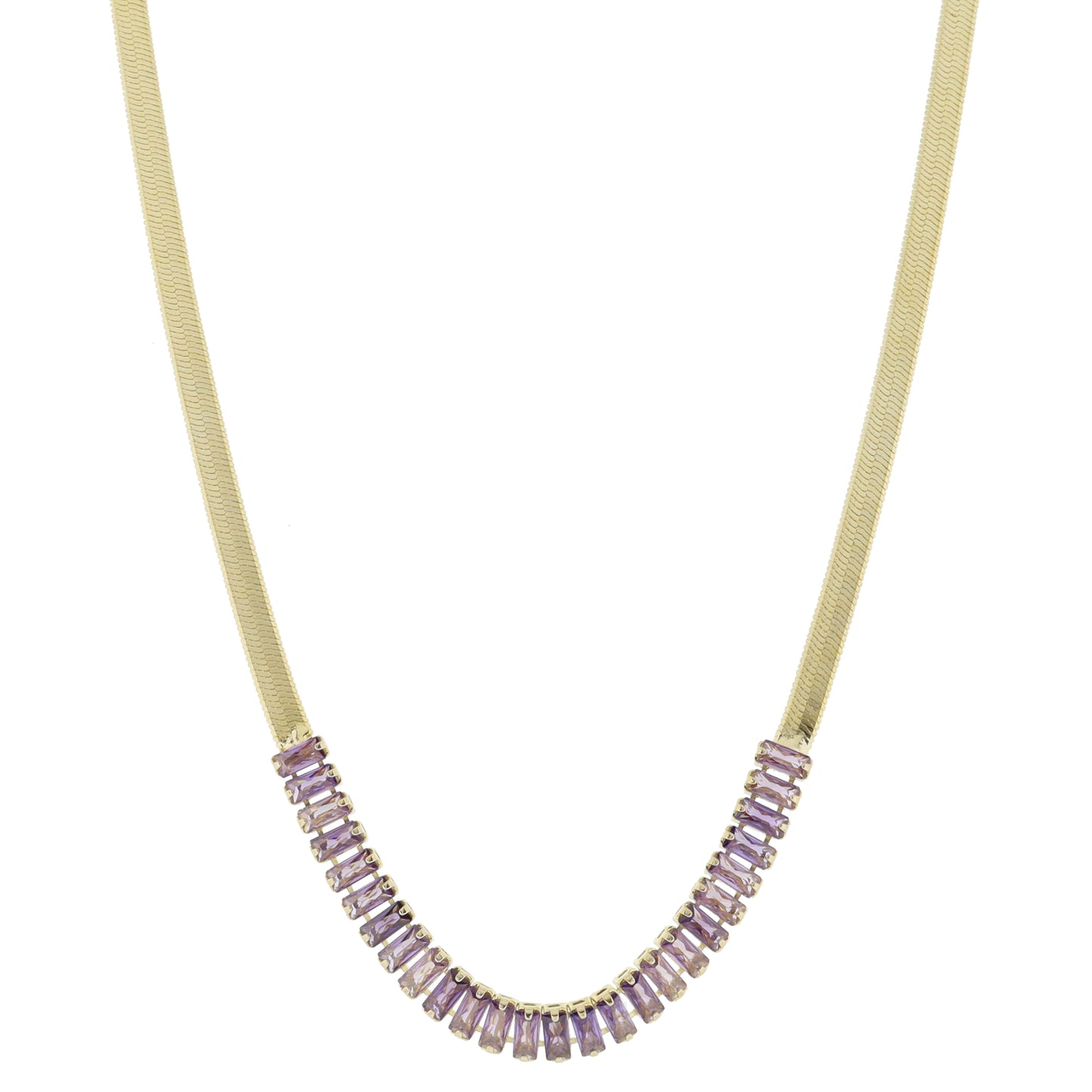 18K Gold Plated Herringbone Chain, Lavender Baguette Cubic Zirconia Crystal Necklace, .25" Pendant