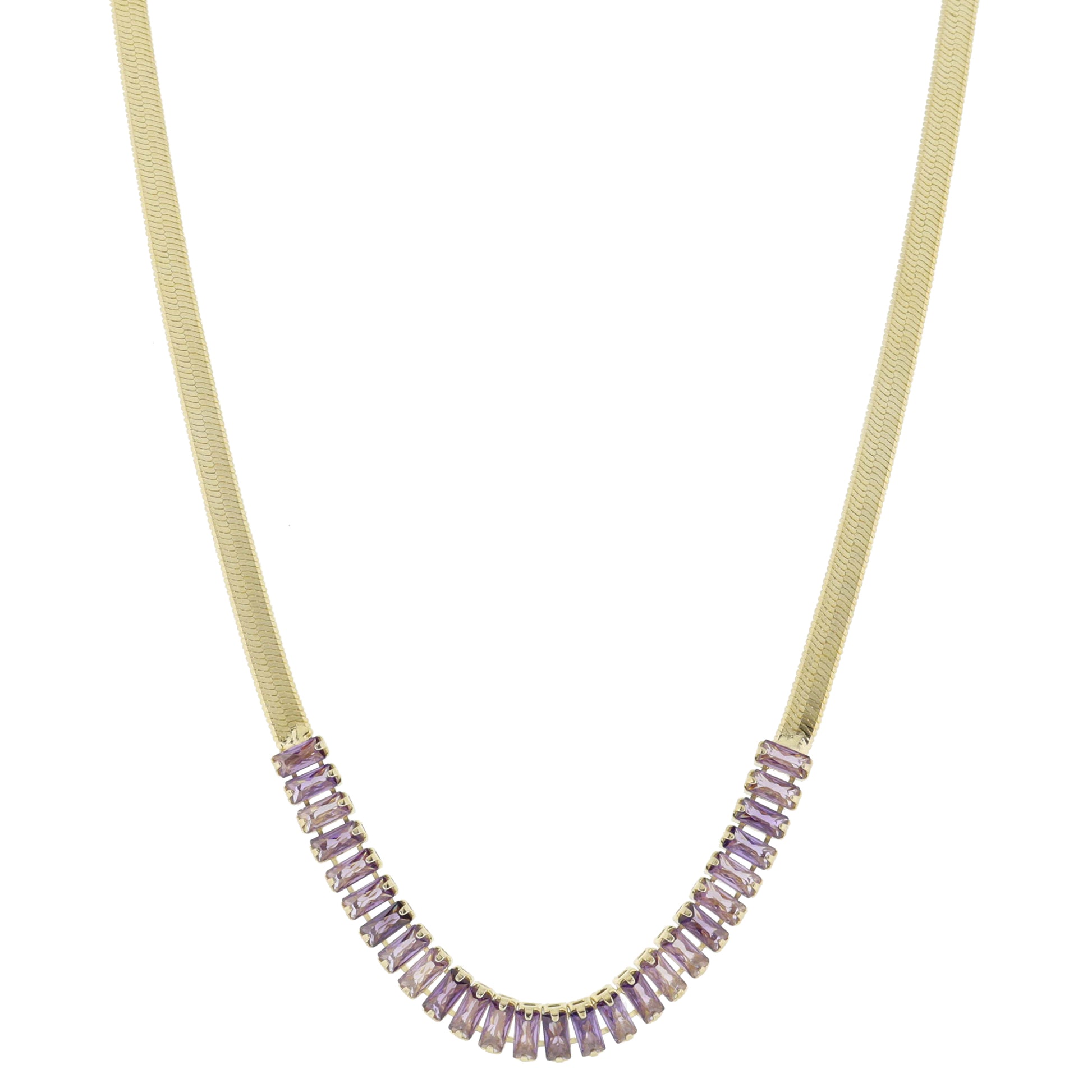 18K Gold Plated Herringbone Chain, Lavender Baguette Cubic Zirconia Crystal Necklace, .25" Pendant