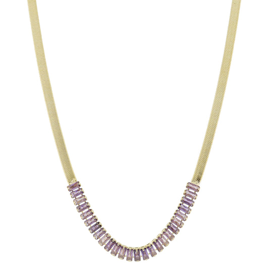 18K Gold Plated Herringbone Chain, Lavender Baguette Cubic Zirconia Crystal Necklace, .25" Pendant