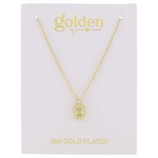 18K Gold Plated Topaz Baguette with Mini Crystal Outline Necklace, .35" Pendant