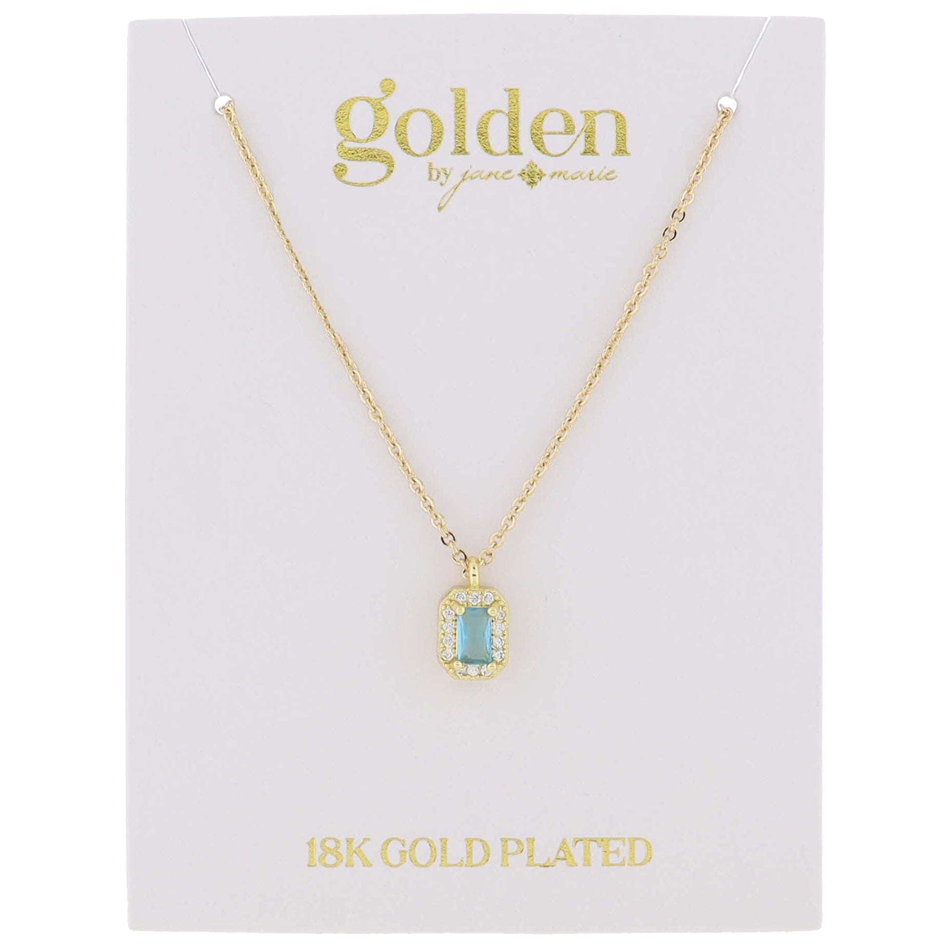 18K Gold Plated Aquamarine Baguette with Mini Crystal Outline Necklace, .35" Pendant