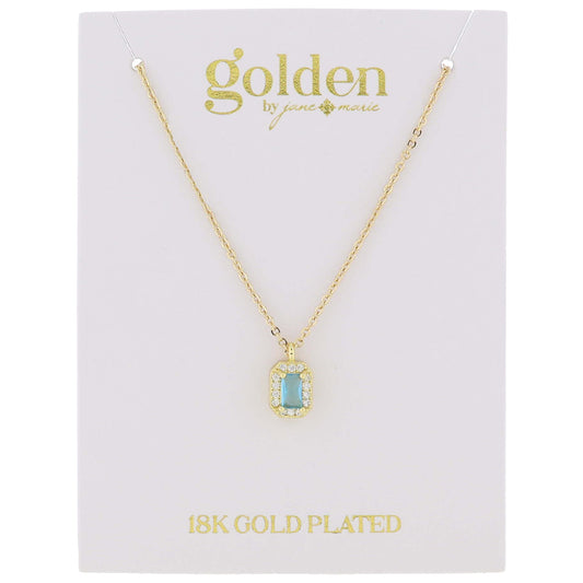 18K Gold Plated Aquamarine Baguette with Mini Crystal Outline Necklace, .35" Pendant