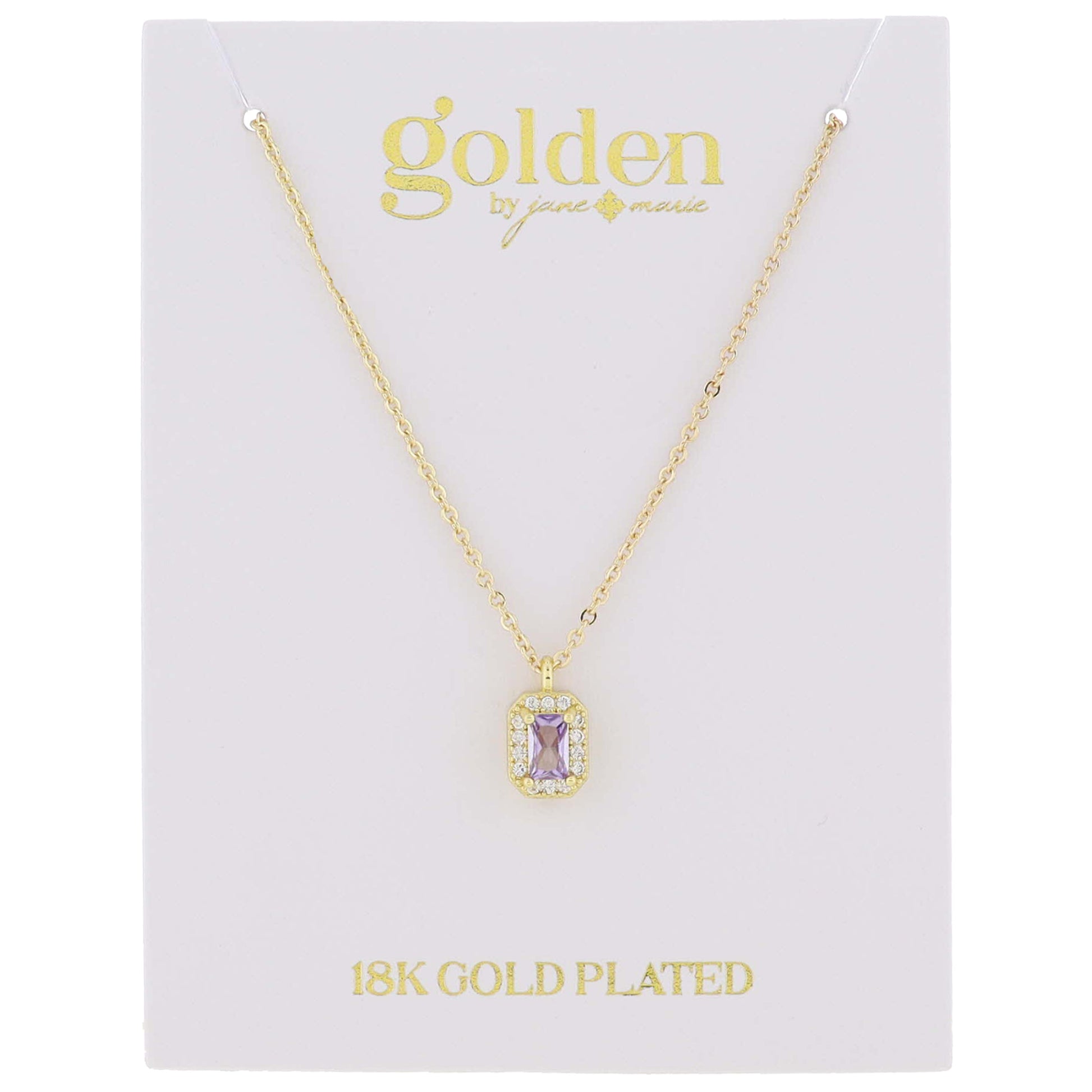 18K Gold Plated Light Amethyst Baguette with Mini Crystal Outline Necklace, .35" Pendant