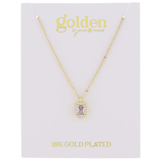 18K Gold Plated Light Amethyst Baguette with Mini Crystal Outline Necklace, .35" Pendant