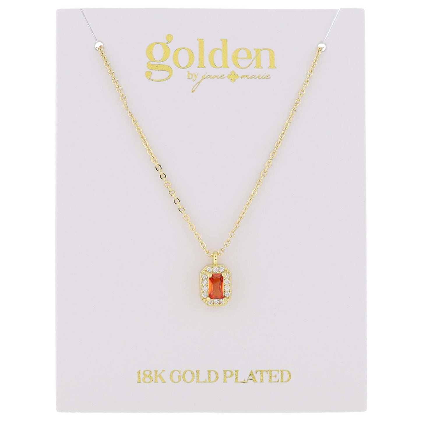 18K Gold Plated Ruby Baguette with Mini Crystal Outline Necklace, .35" Pendant