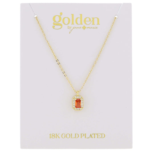 18K Gold Plated Ruby Baguette with Mini Crystal Outline Necklace, .35" Pendant