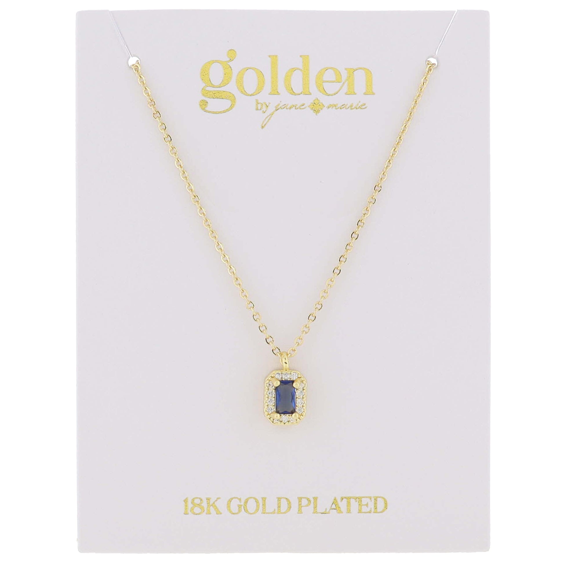 18K Gold Plated Sapphire Baguette with Mini Crystal Outline Necklace, .35" Pendant