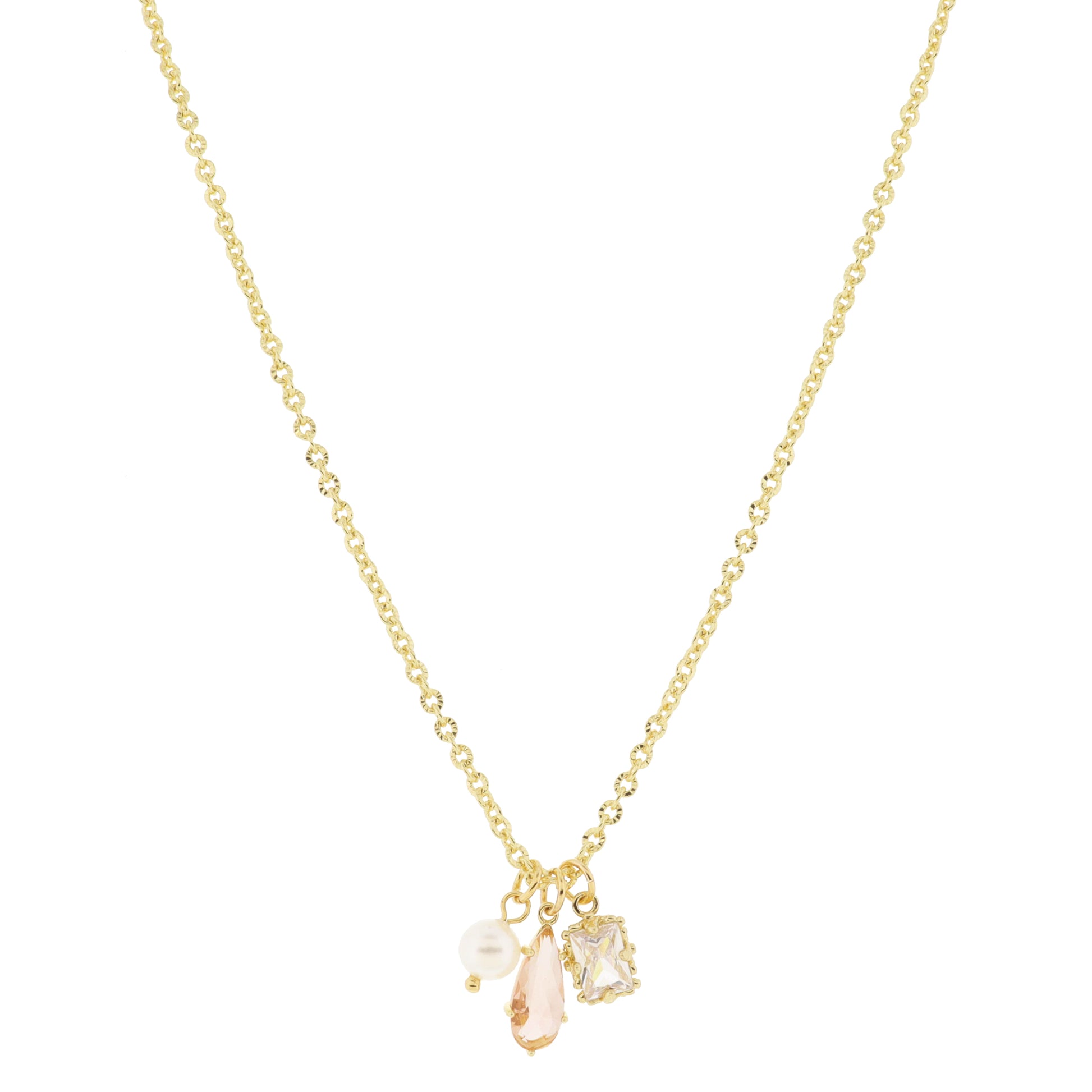 18K Gold Plated Pearl, Champagne Teardrop, Emerald Cluster Necklace, .25", .5", .35" Pendants