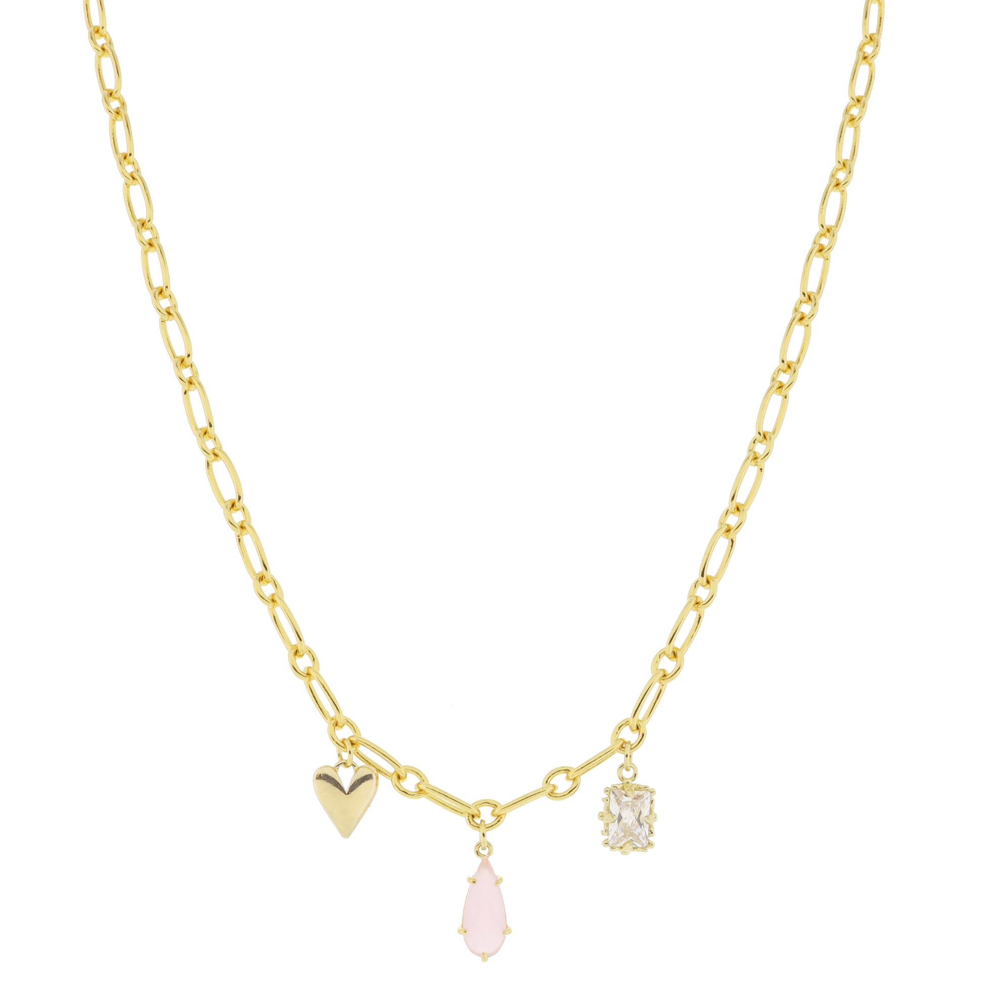 18K Gold Plated Heart, Pink Teardrop, Emerald Crystal Charms Necklace, .5", .5", .35" Pendants