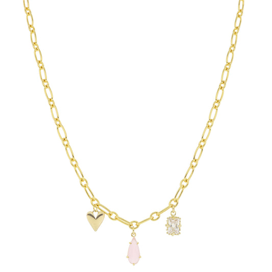 18K Gold Plated Heart, Pink Teardrop, Emerald Crystal Charms Necklace, .5", .5", .35" Pendants