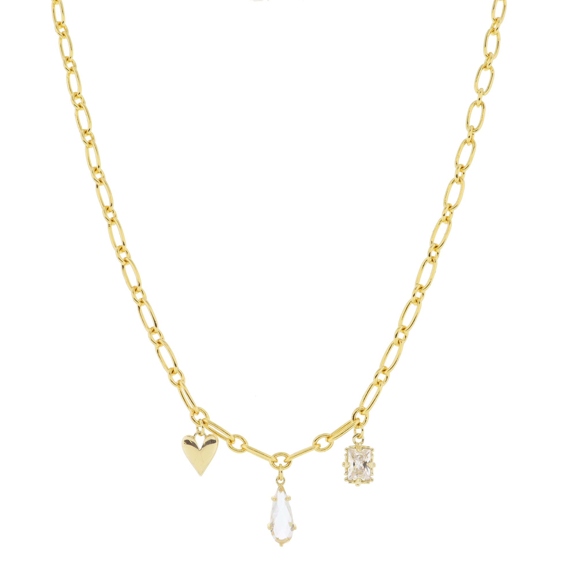 18K Gold Plated Heart, Teardrop Crystal, Emerald Crystal Charms Necklace, .5", .5", .35" Pendants