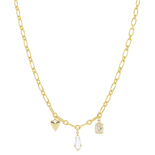 18K Gold Plated Heart, Teardrop Crystal, Emerald Crystal Charms Necklace, .5", .5", .35" Pendants