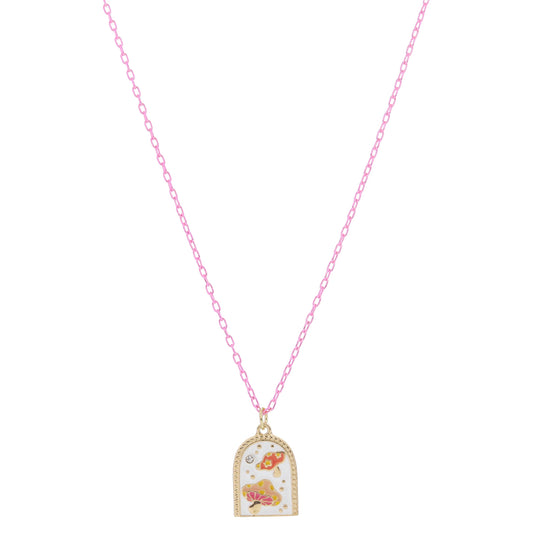 Kids White and Multi Enamel Mushrooms with Mini Crystal Accent Necklace, .65" Pendant