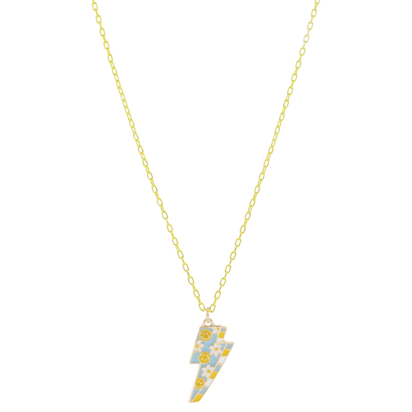 Kids Blue, Yellow, White Enamel Lightning Bolt with Happy Faces & Daisies Necklace, .85" Pendant