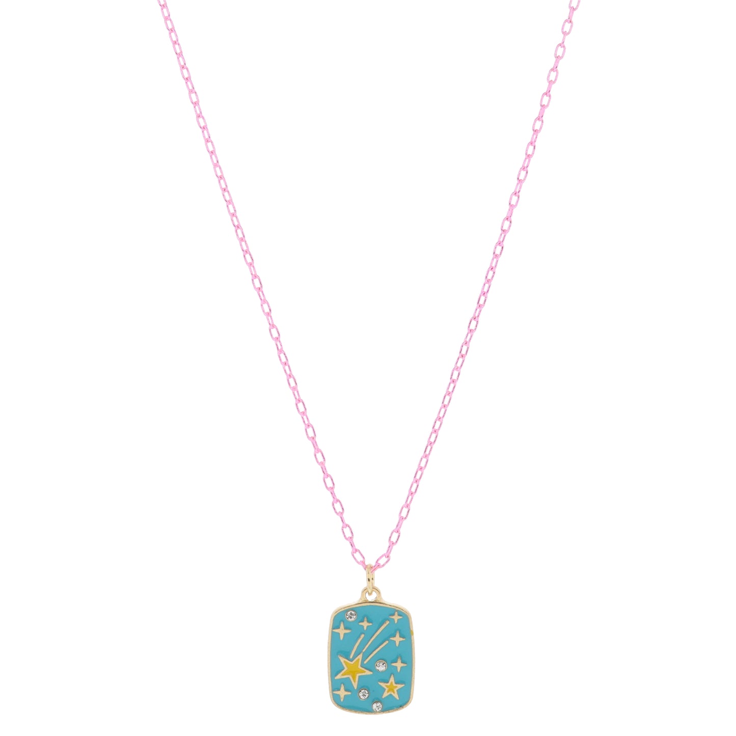 Kids Teal with Yellow Enamel Stars and Mini Crystals and Gold Star Accents Necklace, .65" Pendant