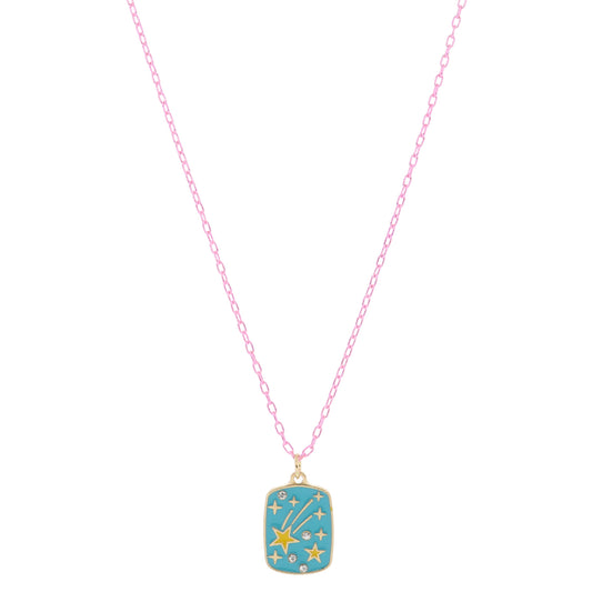 Kids Teal with Yellow Enamel Stars and Mini Crystals and Gold Star Accents Necklace, .65" Pendant