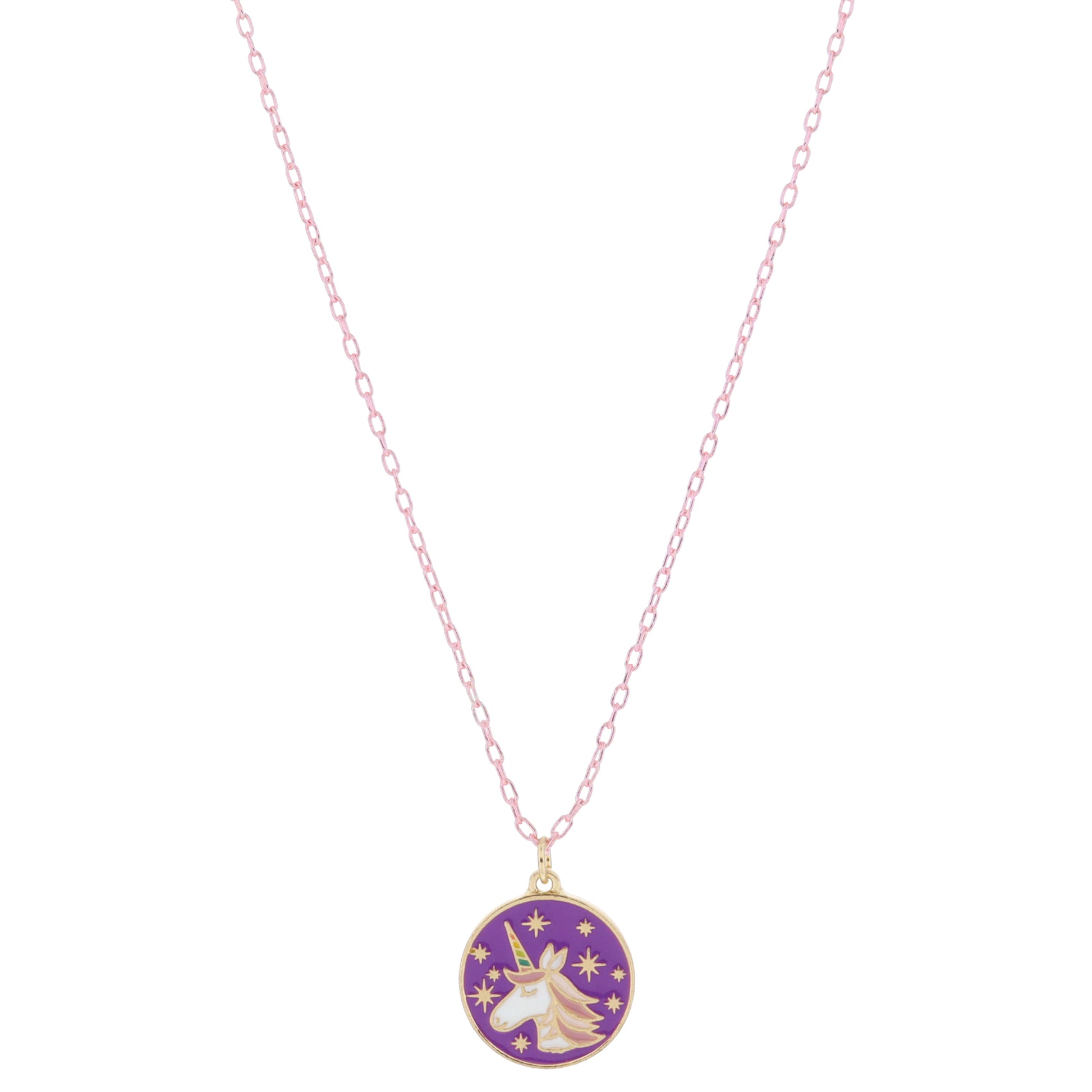 Kids Purple and Multi Enamel Unicorn Head with Mini Gold Starbust Accents Necklace, .65" Pendant