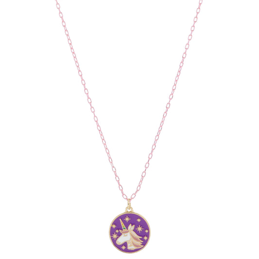 Kids Purple and Multi Enamel Unicorn Head with Mini Gold Starbust Accents Necklace, .65" Pendant