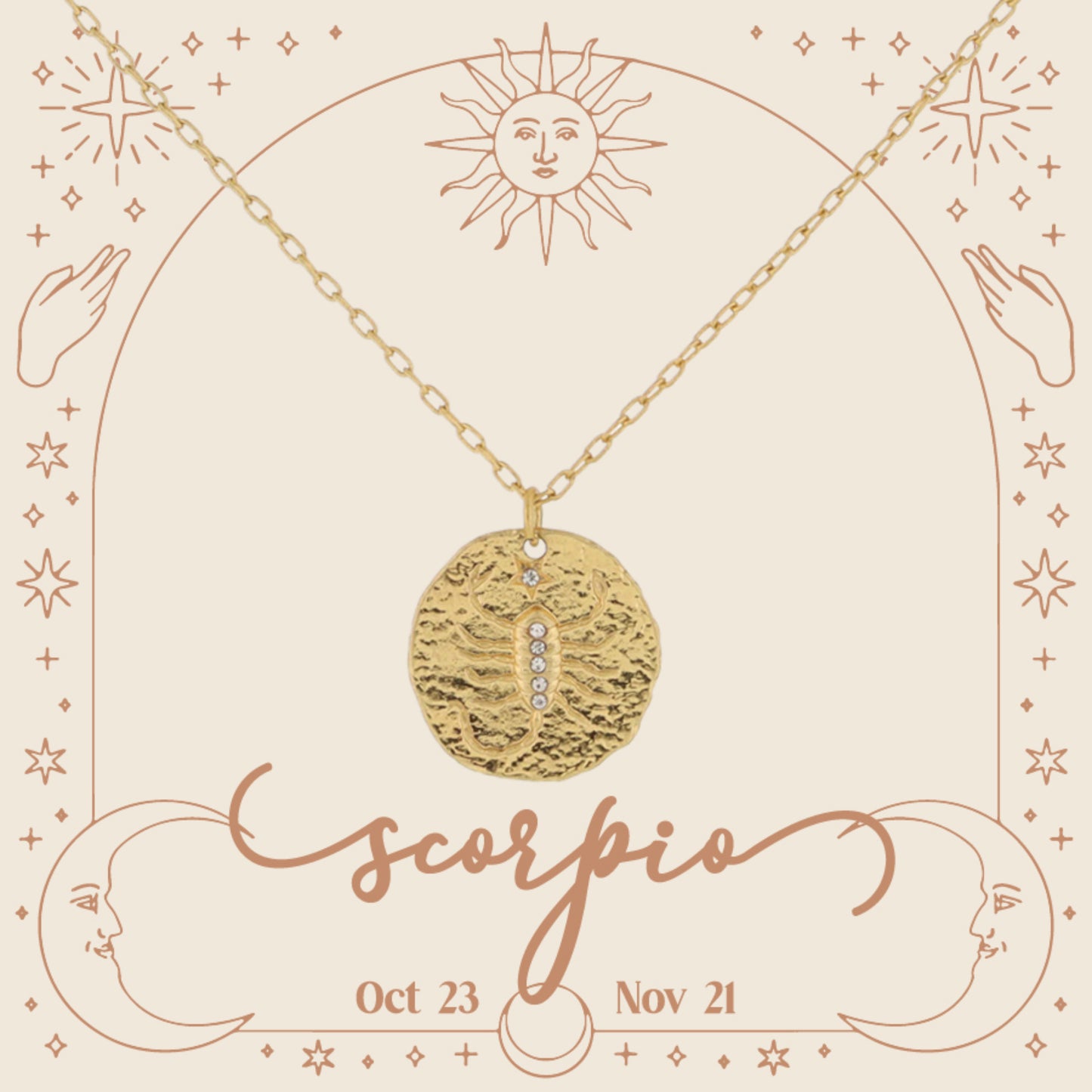 Gold Scorpio Zodiac Disc with Mini Crystal Star Accents Necklace, .75" Pendant