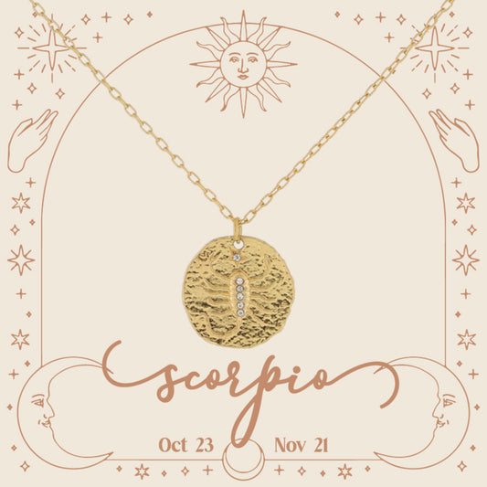 Gold Scorpio Zodiac Disc with Mini Crystal Star Accents Necklace, .75" Pendant
