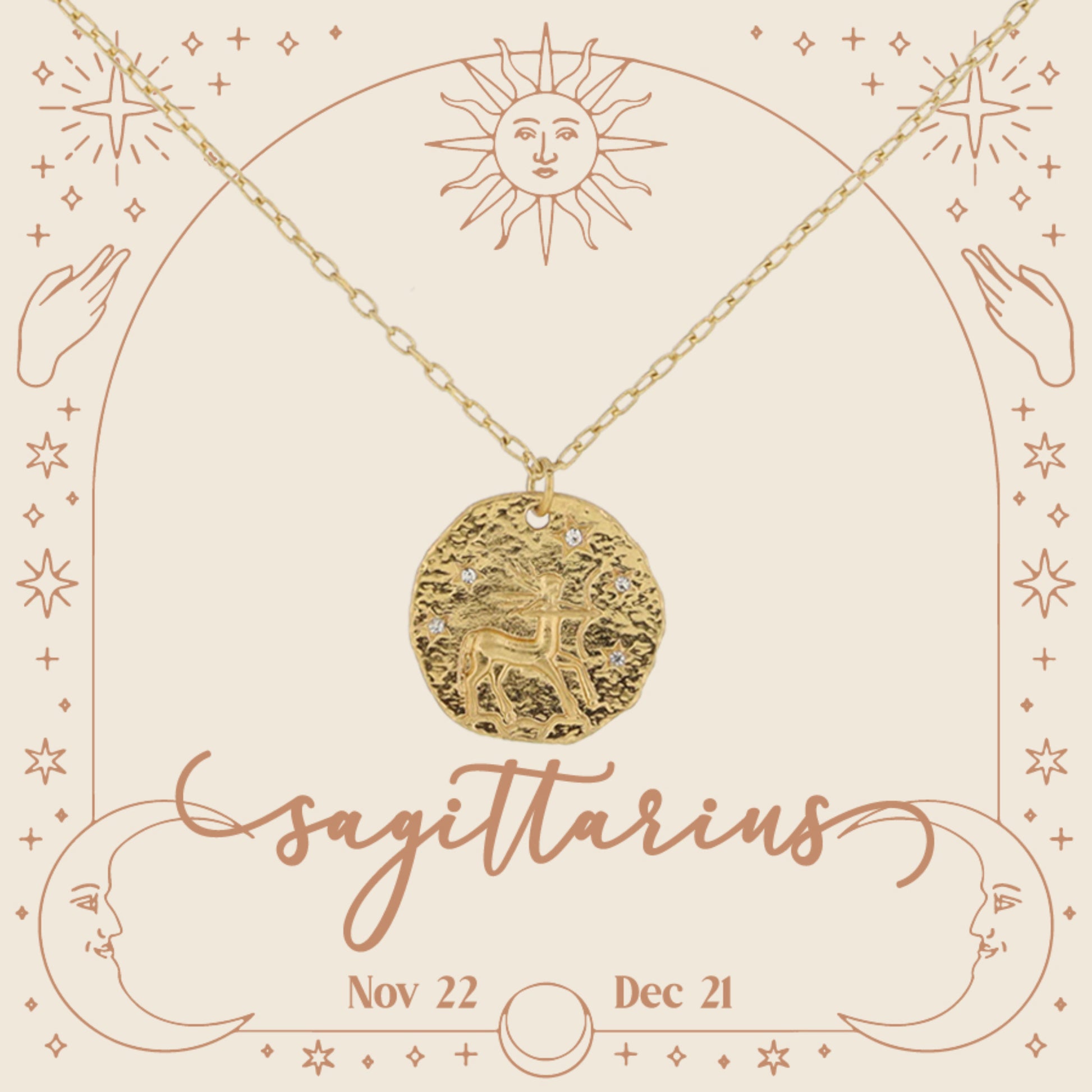 Gold Sagittarius Zodiac Disc with Mini Crystal Star Accents Necklace, .75" Pendant