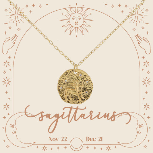 Gold Sagittarius Zodiac Disc with Mini Crystal Star Accents Necklace, .75" Pendant