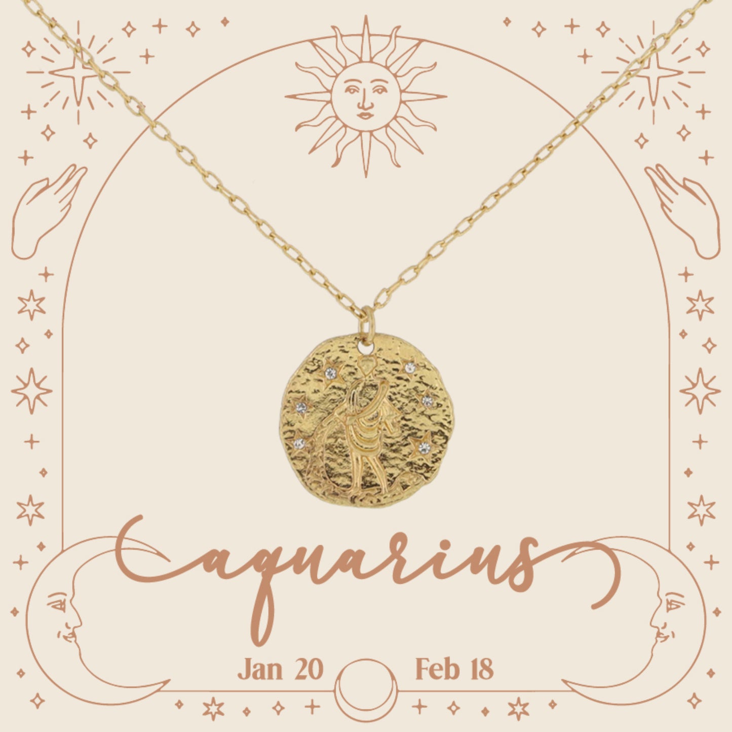 Gold Aquarius Zodiac Disc with Mini Crystal Star Accents Necklace, .75" Pendant