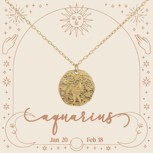 Gold Aquarius Zodiac Disc with Mini Crystal Star Accents Necklace, .75" Pendant