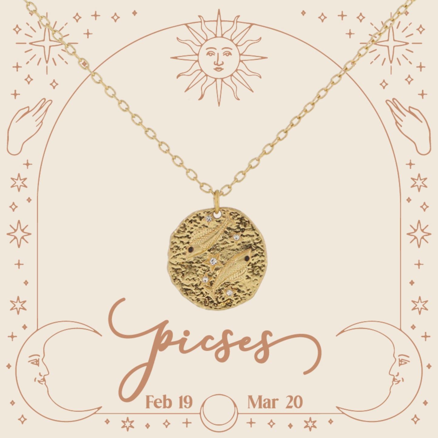 Gold Pisces Zodiac Disc with Mini Crystal Star Accents Necklace, .75" Pendant