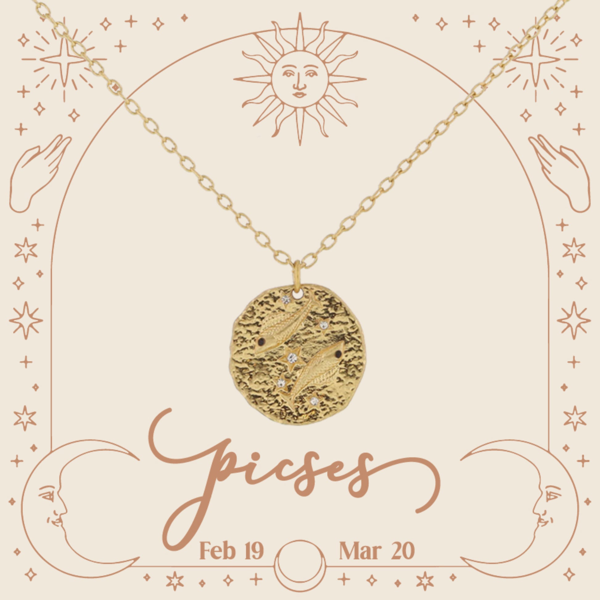 Gold Pisces Zodiac Disc with Mini Crystal Star Accents Necklace, .75" Pendant