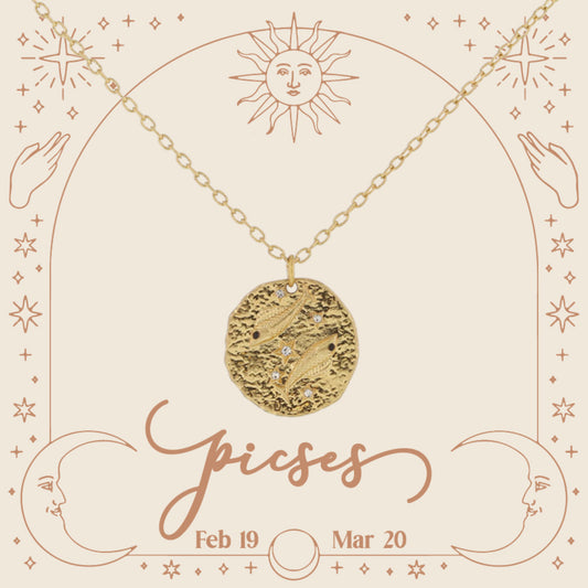 Gold Pisces Zodiac Disc with Mini Crystal Star Accents Necklace, .75" Pendant