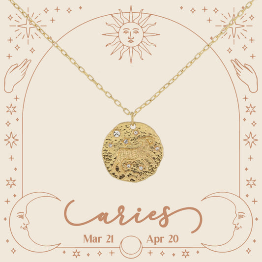 Gold Aries Zodiac Disc with Mini Crystal Star Accents Necklace, .75" Pendant