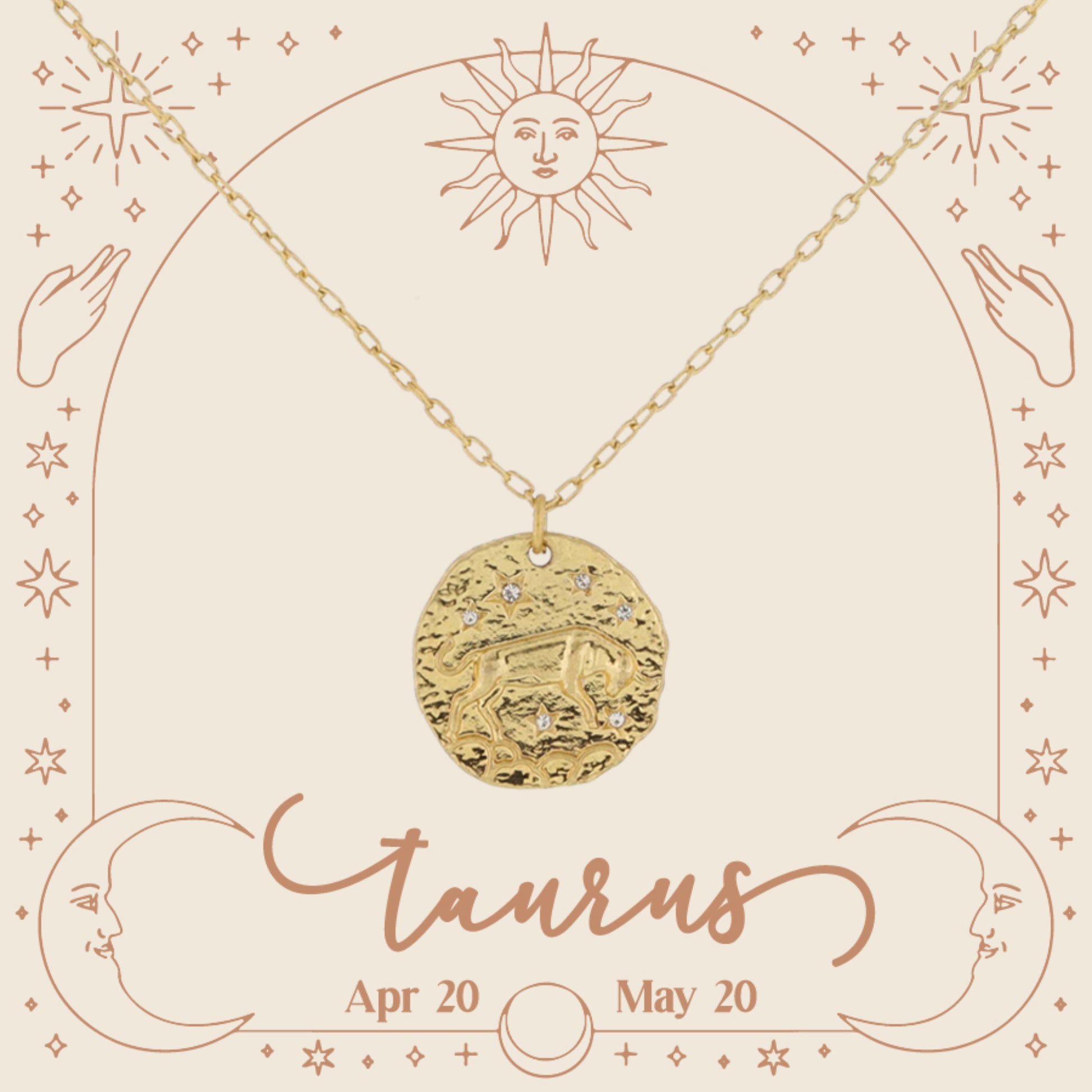 Gold Taurus Zodiac Disc with Mini Crystal Star Accents Necklace, .75" Pendant