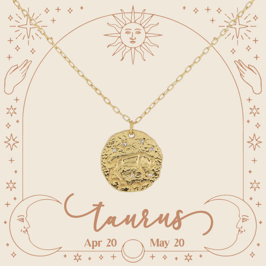 Gold Taurus Zodiac Disc with Mini Crystal Star Accents Necklace, .75" Pendant